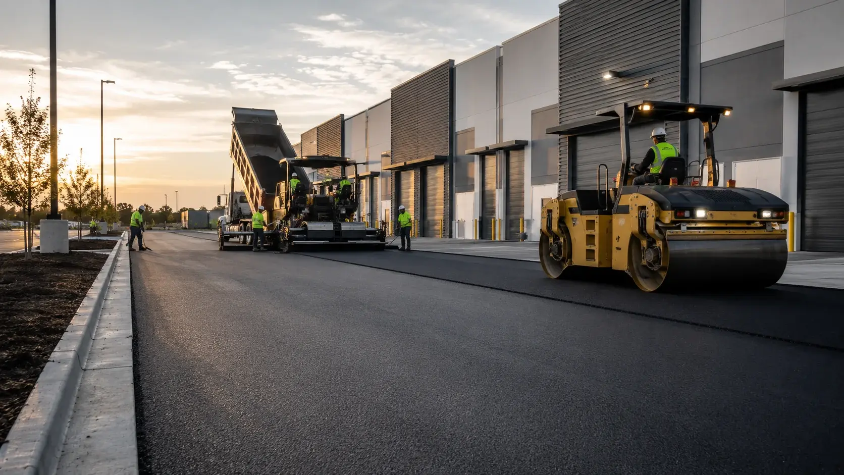 Asphalt paving crew working on a commercial pavement project